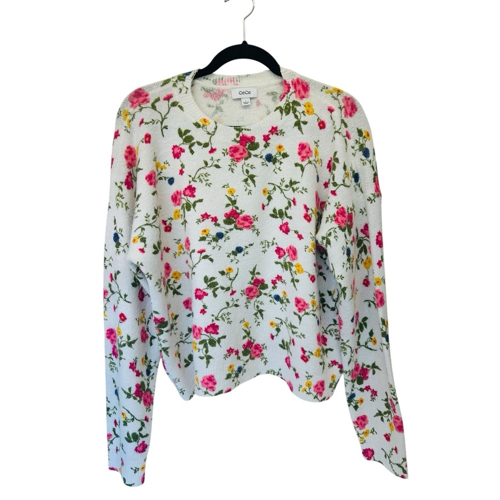 CeCe Flower Printed Pullover Crewneck Sweater Ivory Pink Multi Size Large
